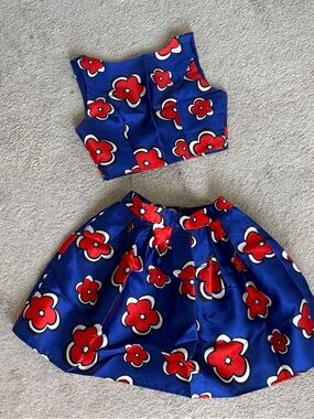 Blue Floral Two-Piece Crop Top + Skirt Set